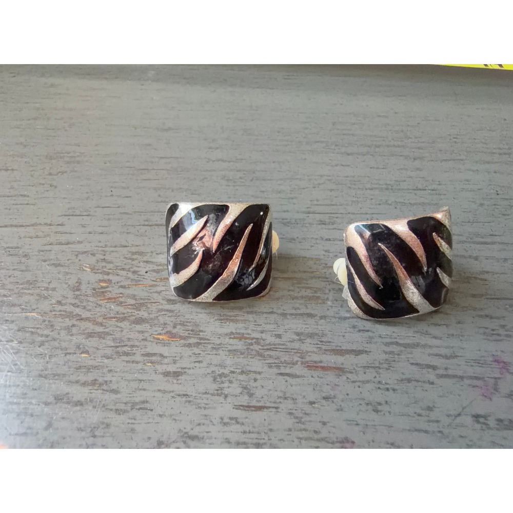 Vintage Zebra Print Clip On Earrings Silver Tone Black Enamel Square Studs
